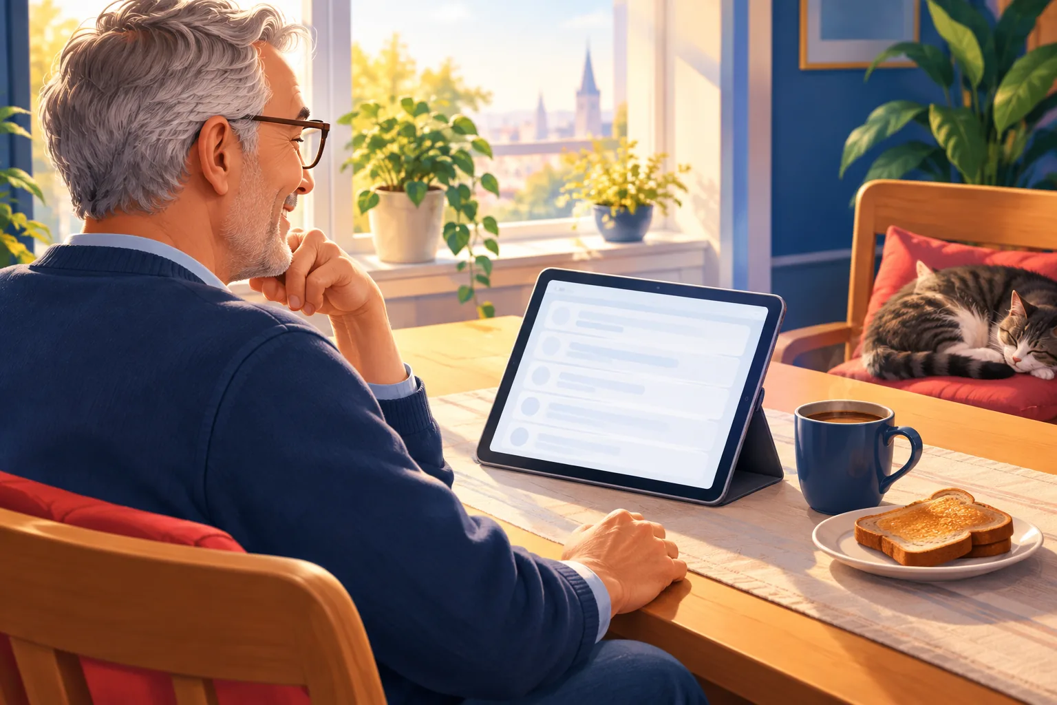 Relaxed older man at a sunny breakfast table smiling as he reads an upload alert email on his tablet