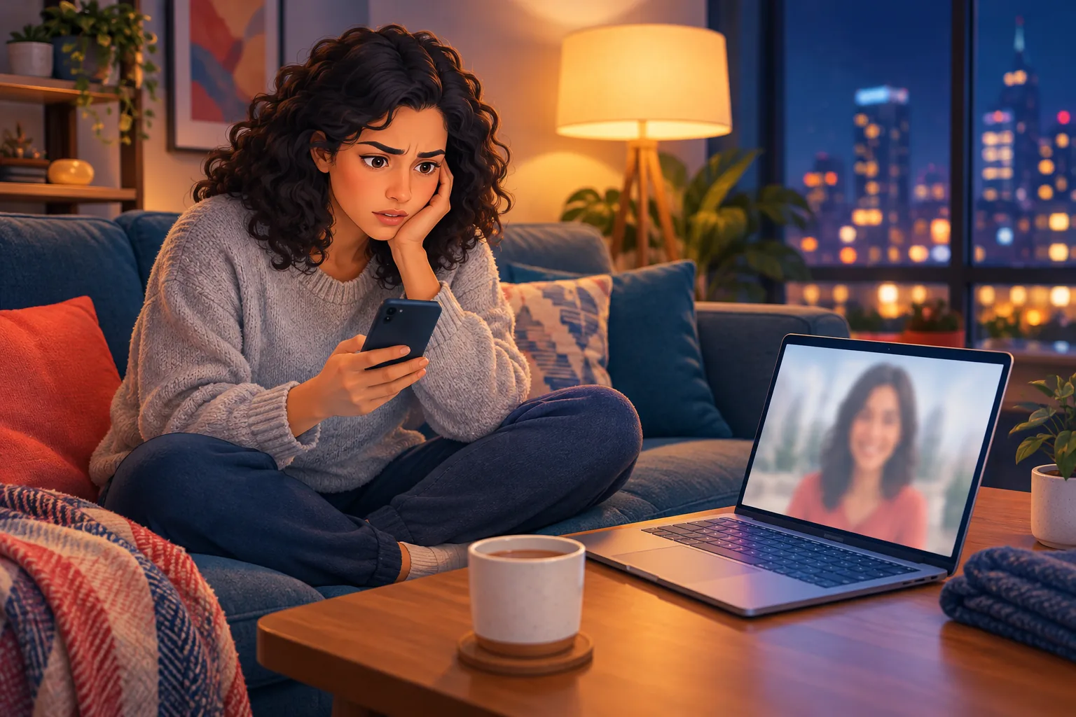 Woman on her couch at night frowning at her quiet phone while her laptop shows a new video she already missed