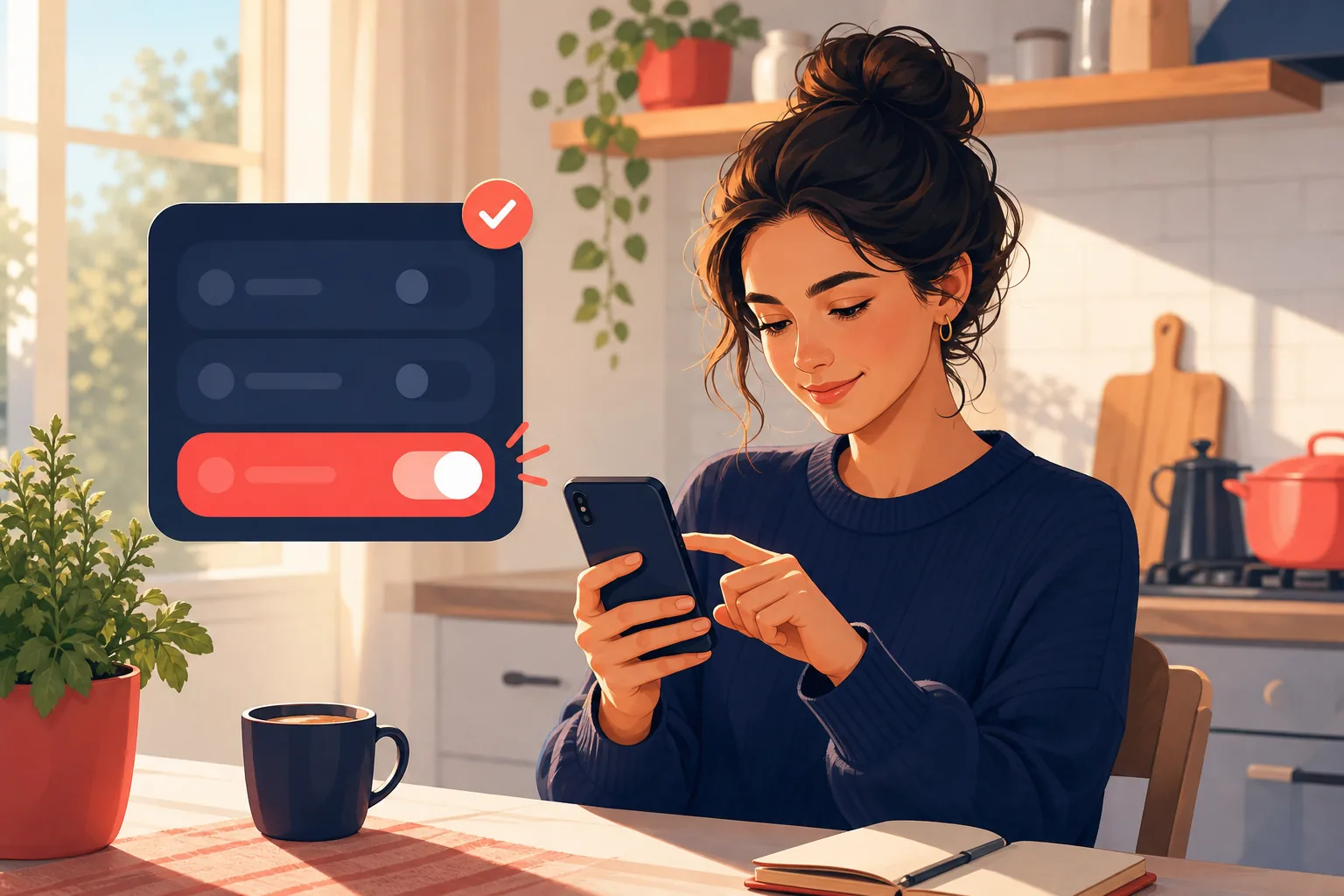 Calm person checking notification settings on an iPhone at a kitchen table, finding the YouTube permission switched off