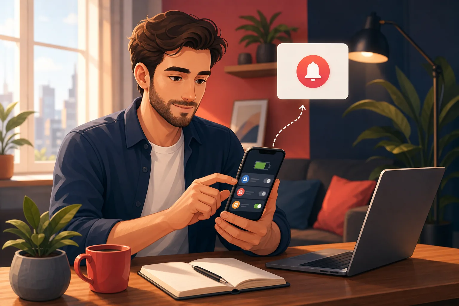 Person at a desk adjusting battery settings on an Android phone, calm and methodical, removing the app from a restricted list