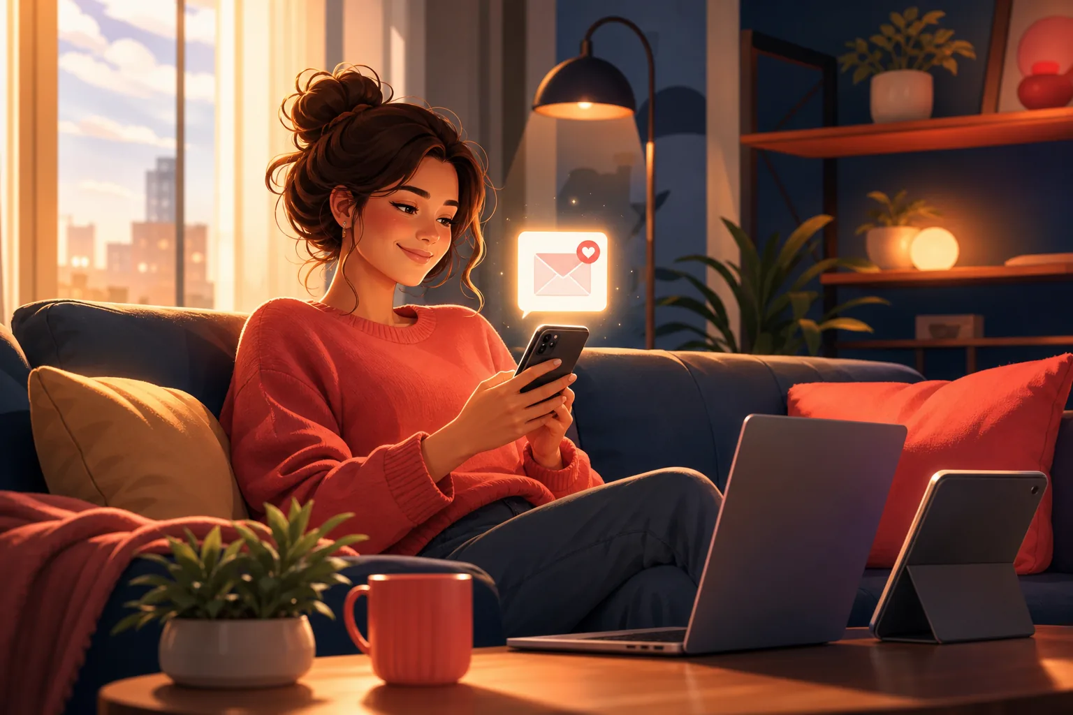Content person on a sofa smiling as a clean email upload alert lands on their phone, finally reliable on any device
