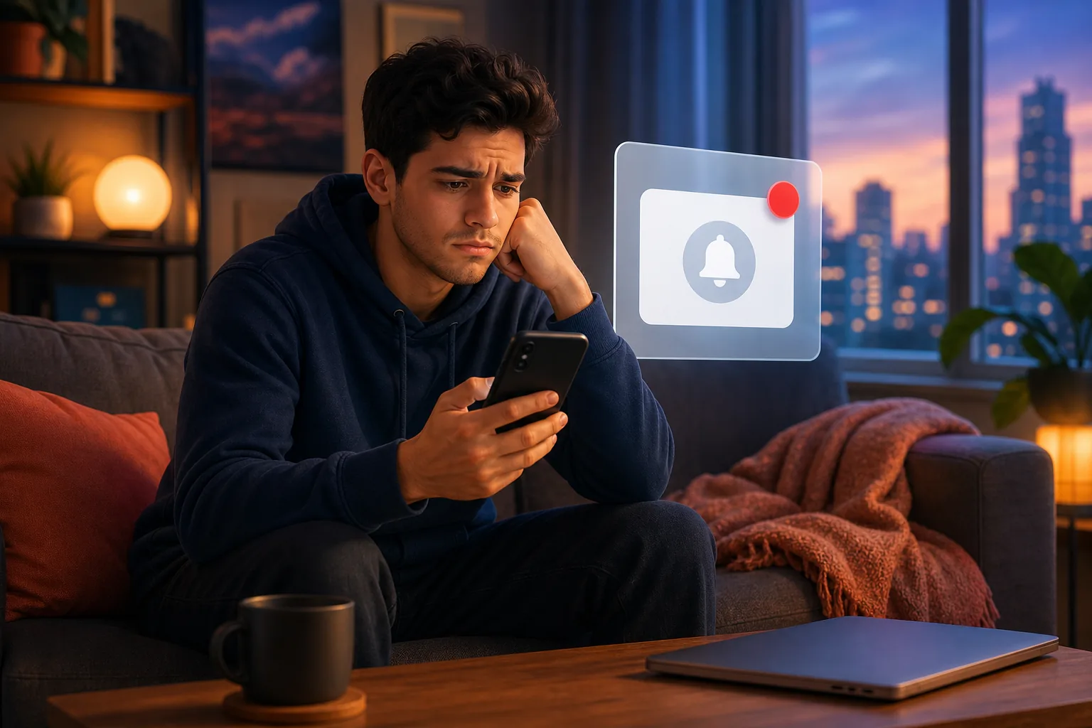 Frustrated person on a couch holding a phone with no YouTube alert, glancing at the empty notification screen