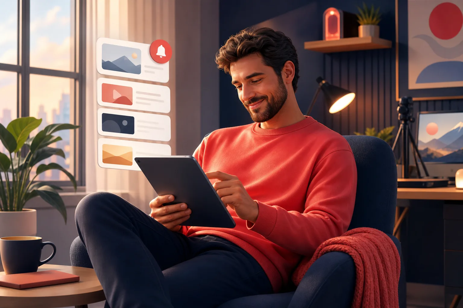 Viewer relaxing in an armchair reading YouTube uploads in a clean RSS reader app