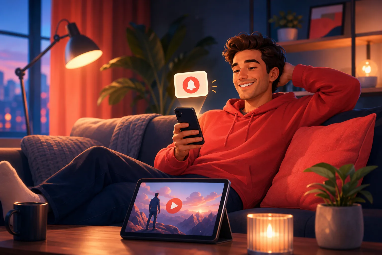 Viewer relaxing on a couch getting a clean upload-alert email with nothing to configure