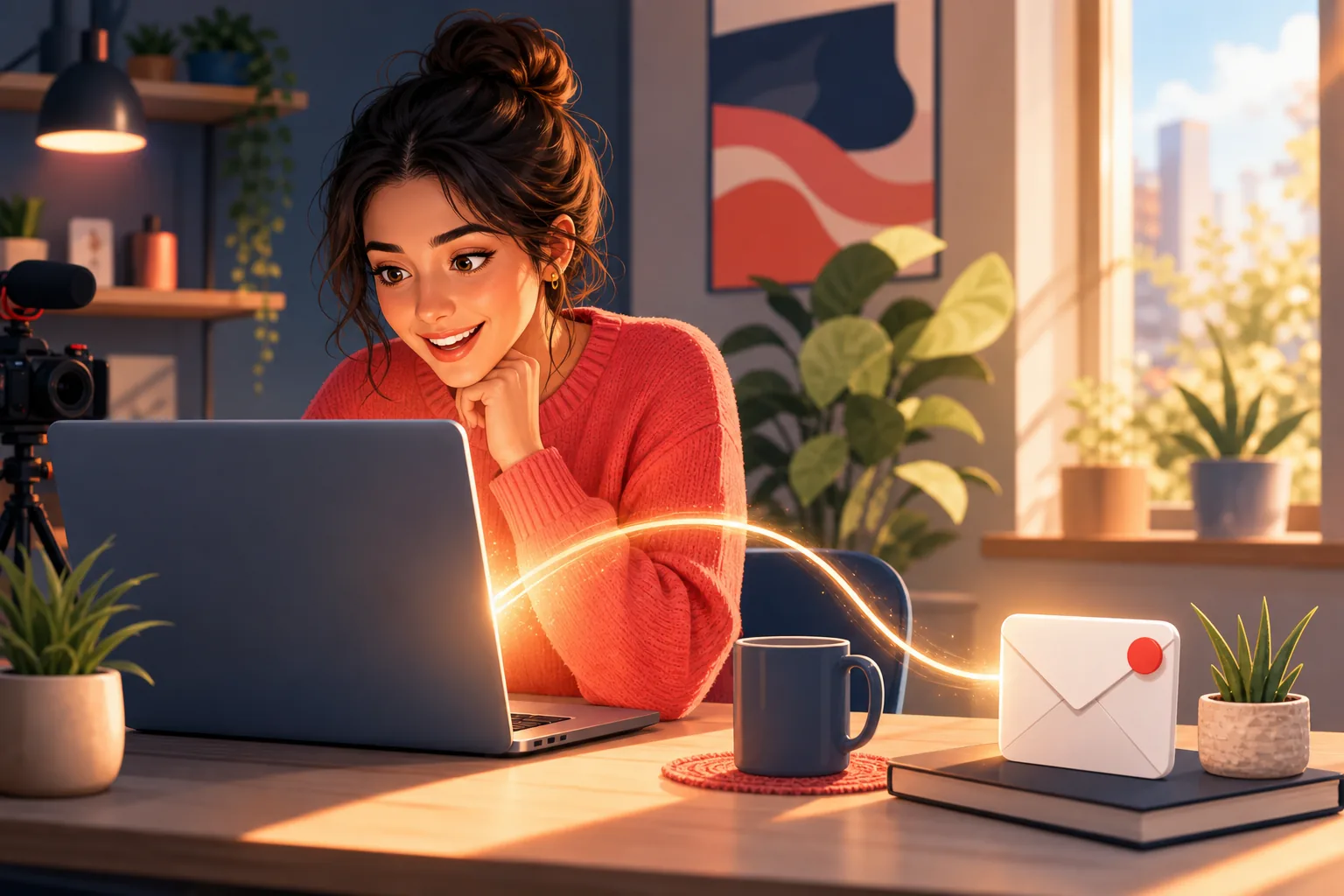 Viewer at a desk discovering a hidden YouTube RSS feed and wiring it to an email alert