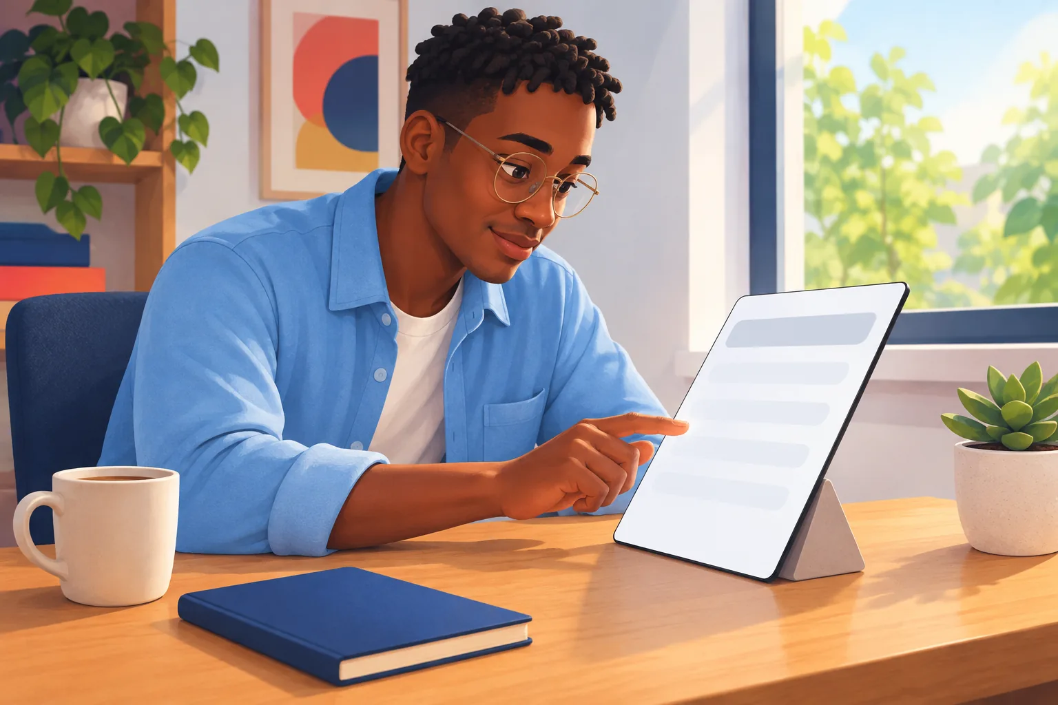 Man at his home office desk tapping a link into a tablet on a stand, focused and quietly pleased