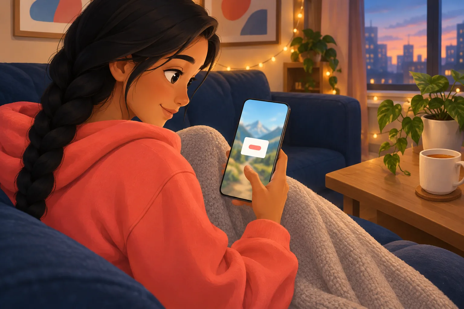 Student curled up on her sofa looking at a confirm box on her phone, thumb hovering with a curious smile