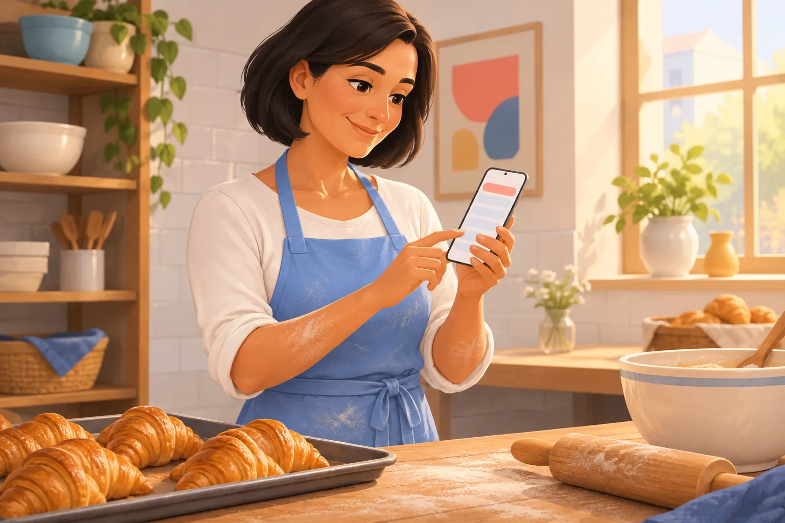Baker in her shop kitchen typing on her phone after filming, adding a link to her video description