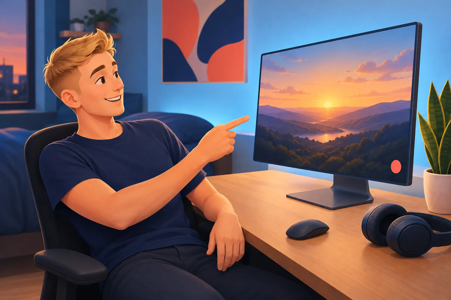 Young creator at his bedroom desk pointing proudly at a small coral badge in the corner of his video on a monitor