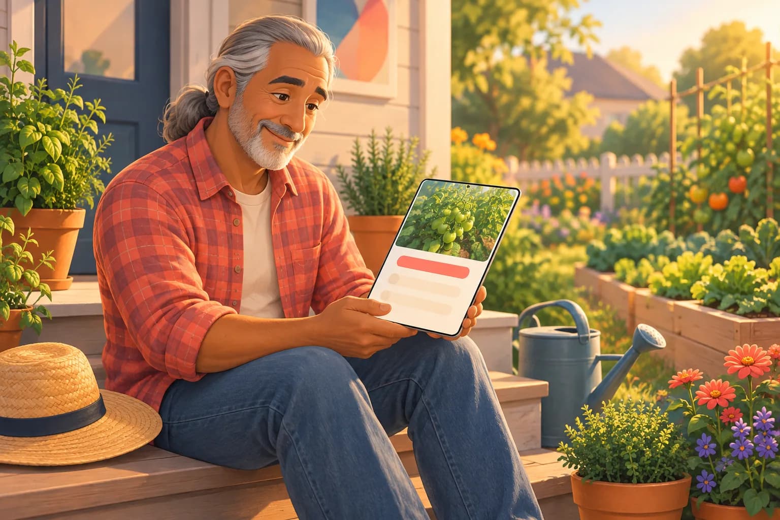 Gardener on his sunny back porch smiling at his own simple website on a tablet