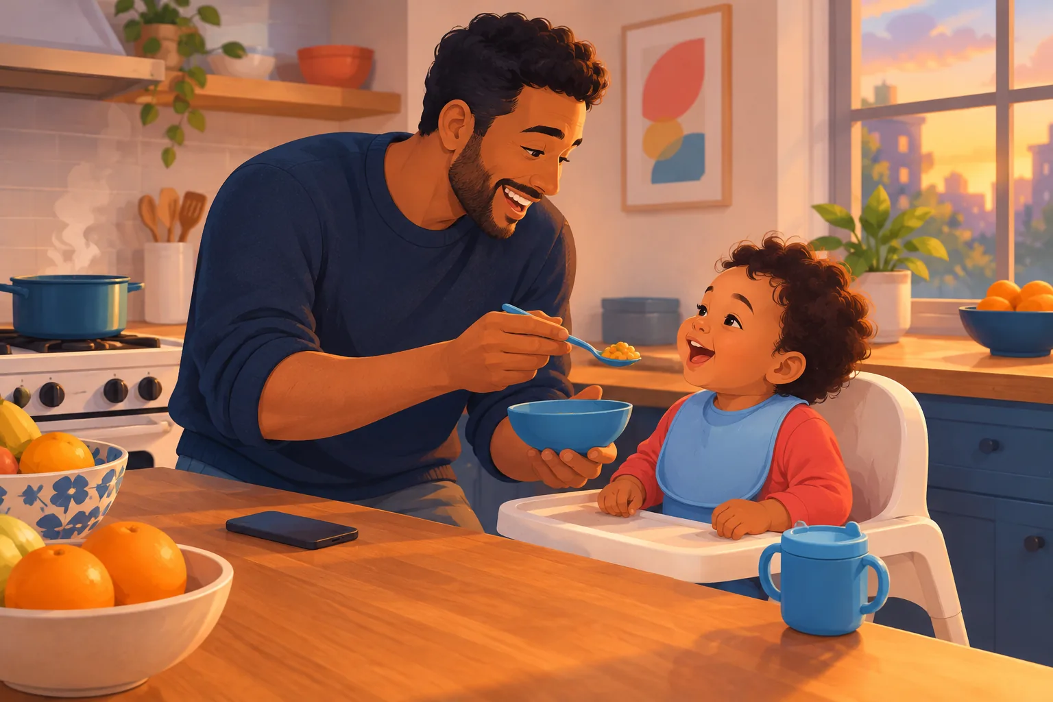Father laughing as he feeds his toddler at dinnertime, his phone lying face-down and forgotten on the counter