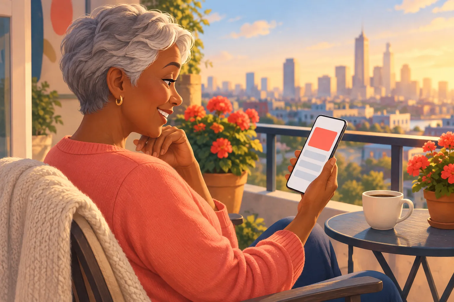 Woman on her sunny balcony smiling at her phone as an email about a new video from her favorite creator arrives