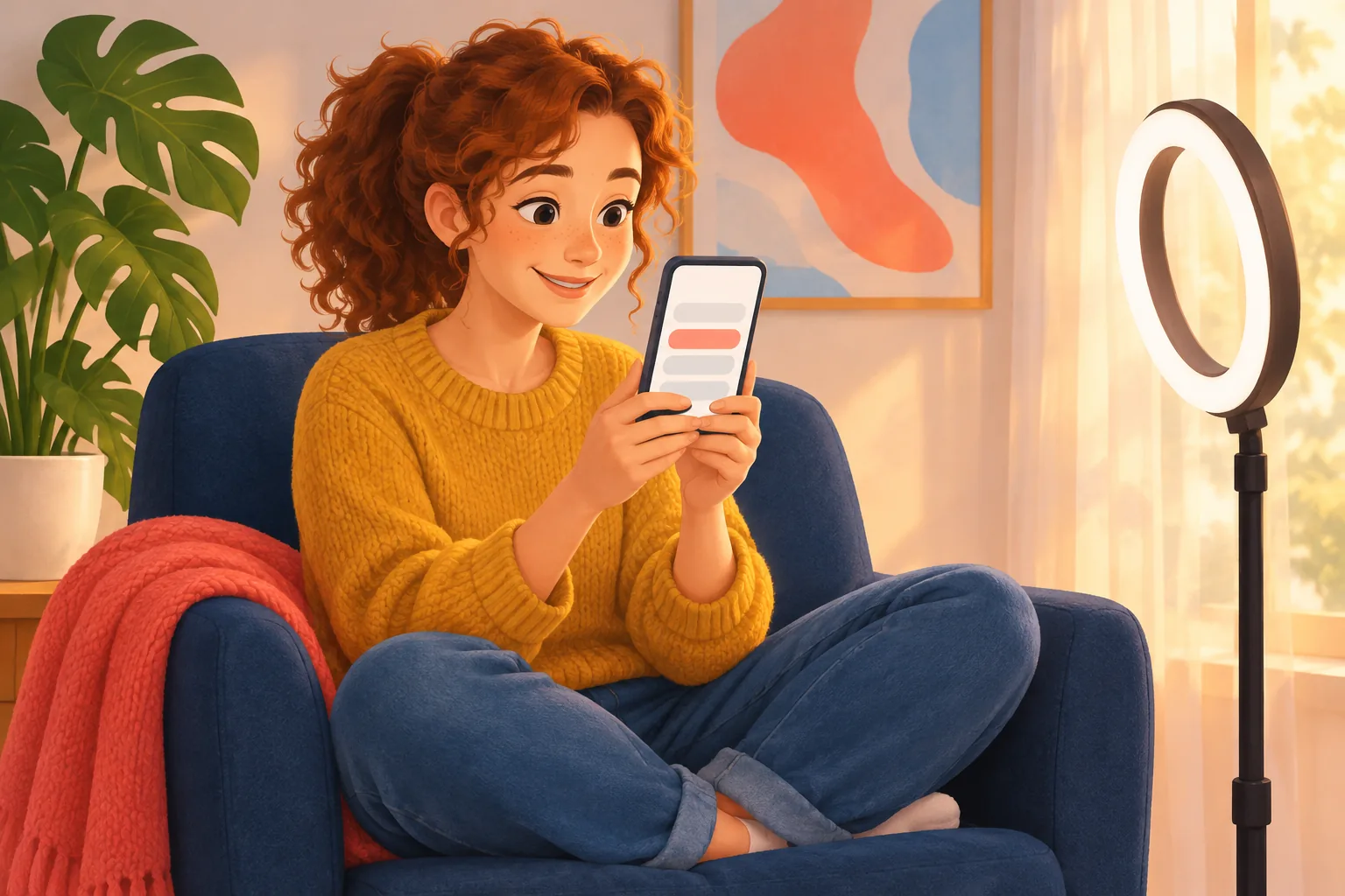 Creator in her cozy filming corner holding her phone, smiling as she gets ready to share her YouTube subscribe link
