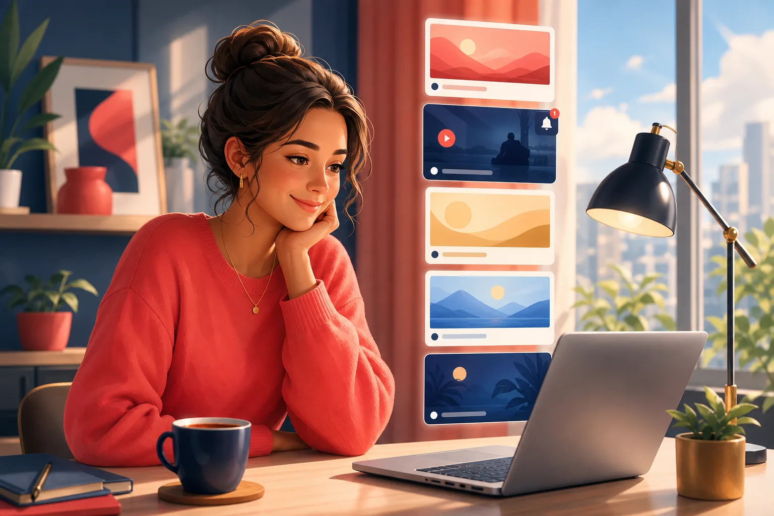 Relieved viewer at a bright desk switching to the Subscriptions page in a browser, uploads lining up in order as she leans in with a small satisfied smile