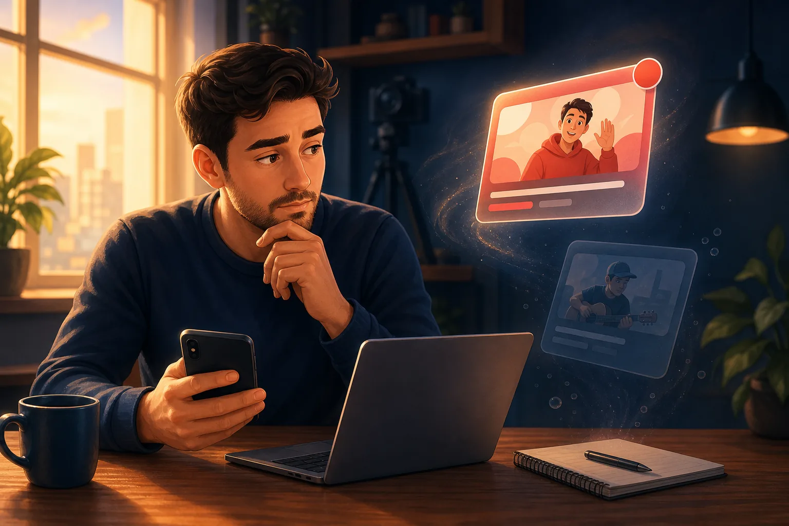 Thoughtful viewer at a wooden table looking between his phone and laptop, realizing YouTube quietly stopped surfacing a channel he simply had not watched in a while