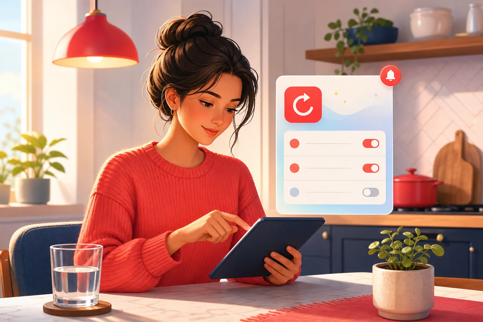 Viewer methodically refreshing and checking settings on a tablet at a calm kitchen table, working down a short mental list of quick fixes with a focused expression