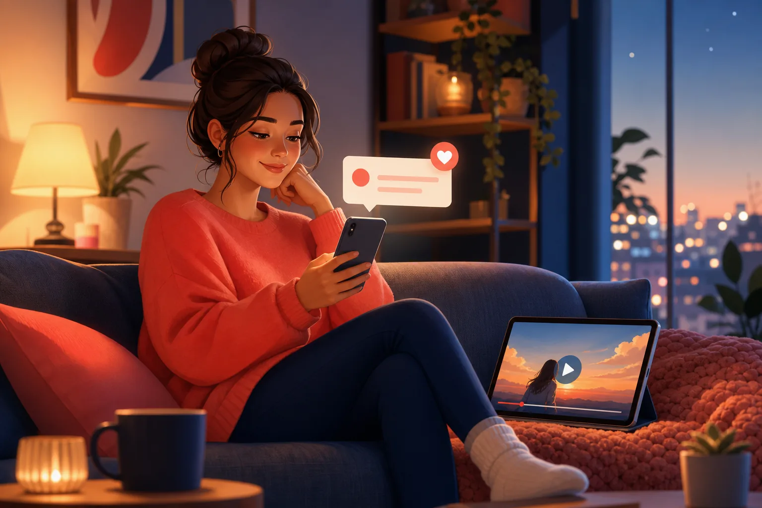Content viewer smiling on her sofa as a single clean email alert lands on her phone, a fresh video ready to play the moment it went live