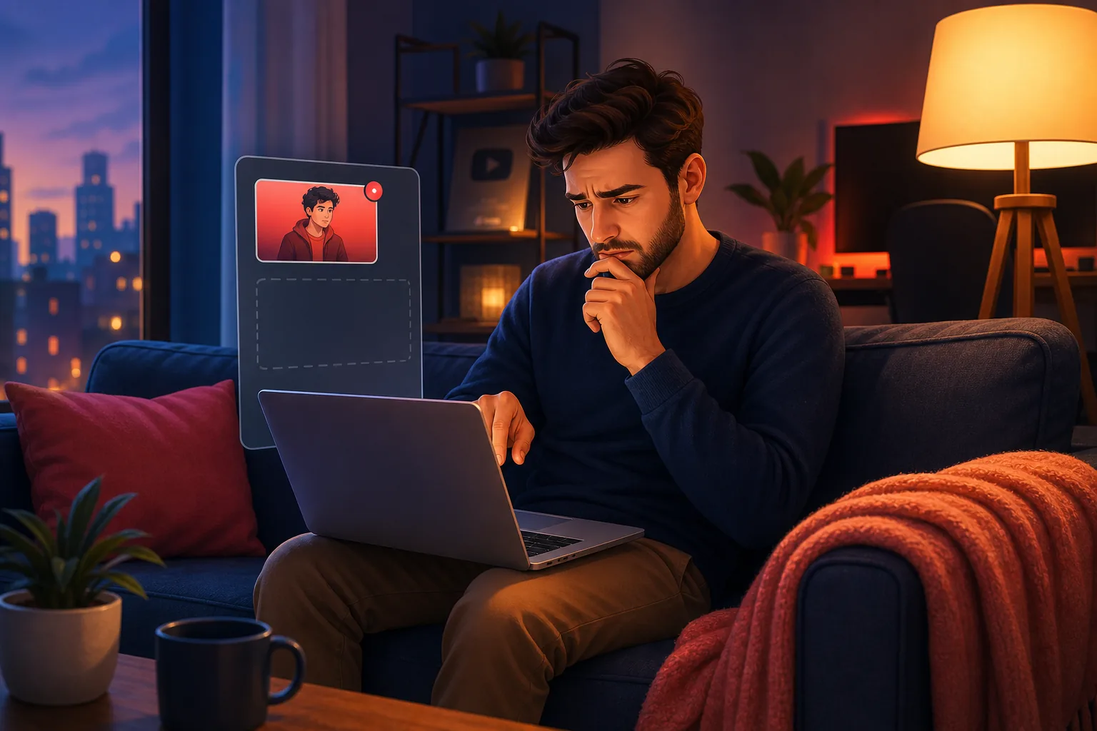 Puzzled viewer on his couch scrolling a laptop, noticing a favorite creator's new video is missing from his subscription feed