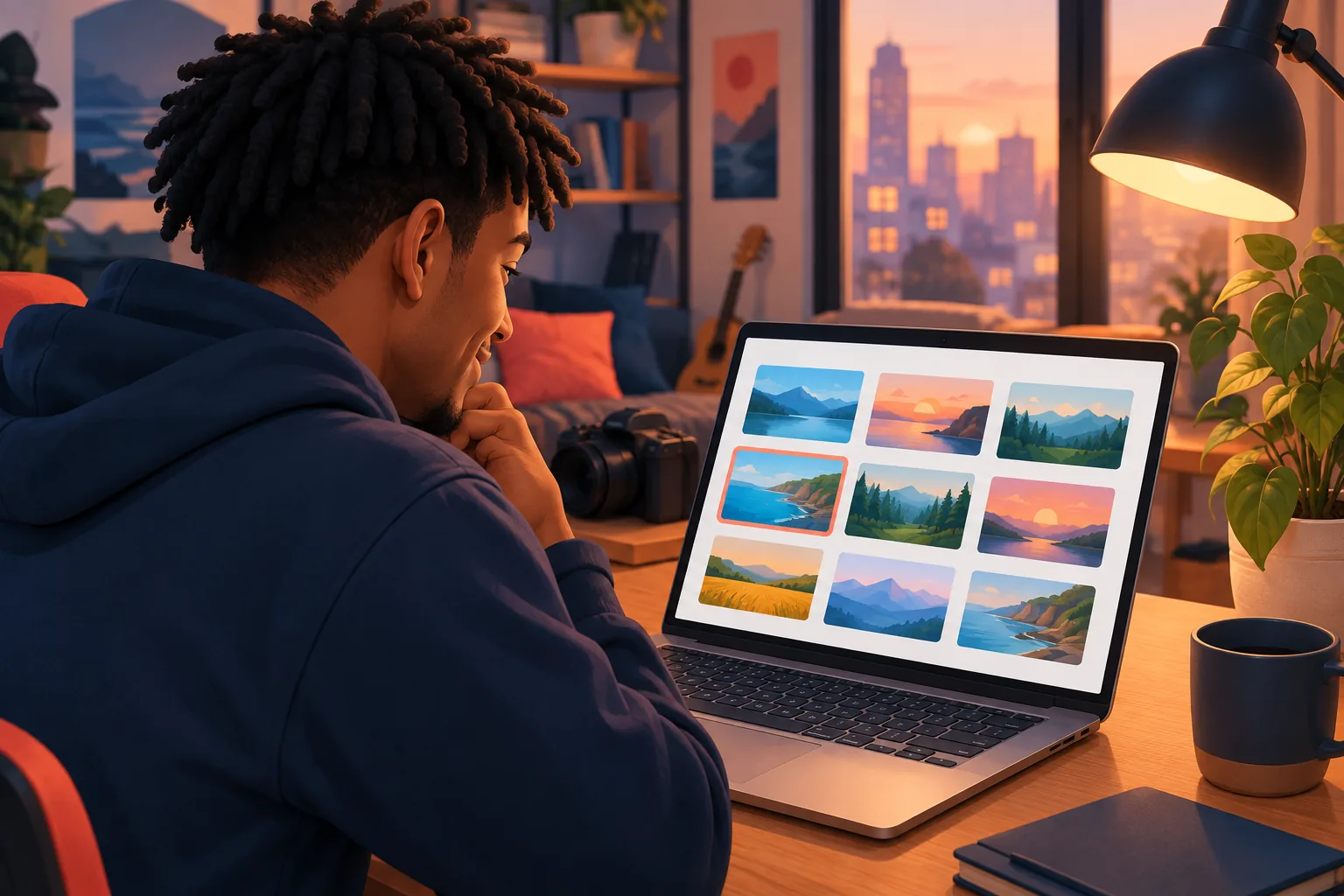 Young man at his desk, relieved as he finds a channel he thought he lost in his subscriptions list