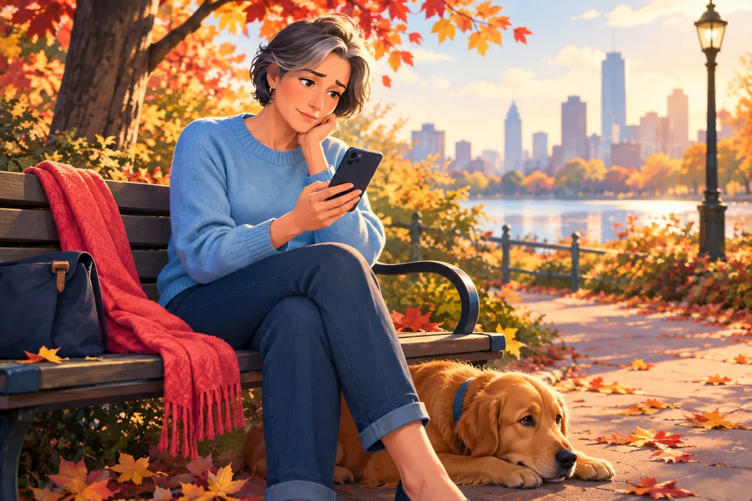 Woman on a park bench in autumn looking at a silent phone, puzzled that the alerts stopped coming