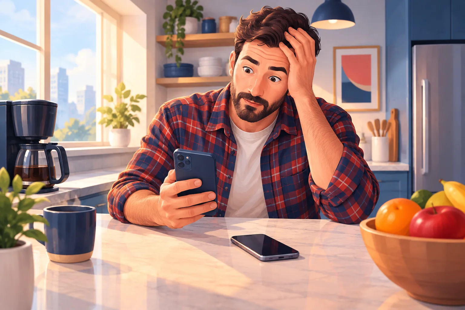 Man at a kitchen counter with two phones, realizing he is signed in to the wrong account