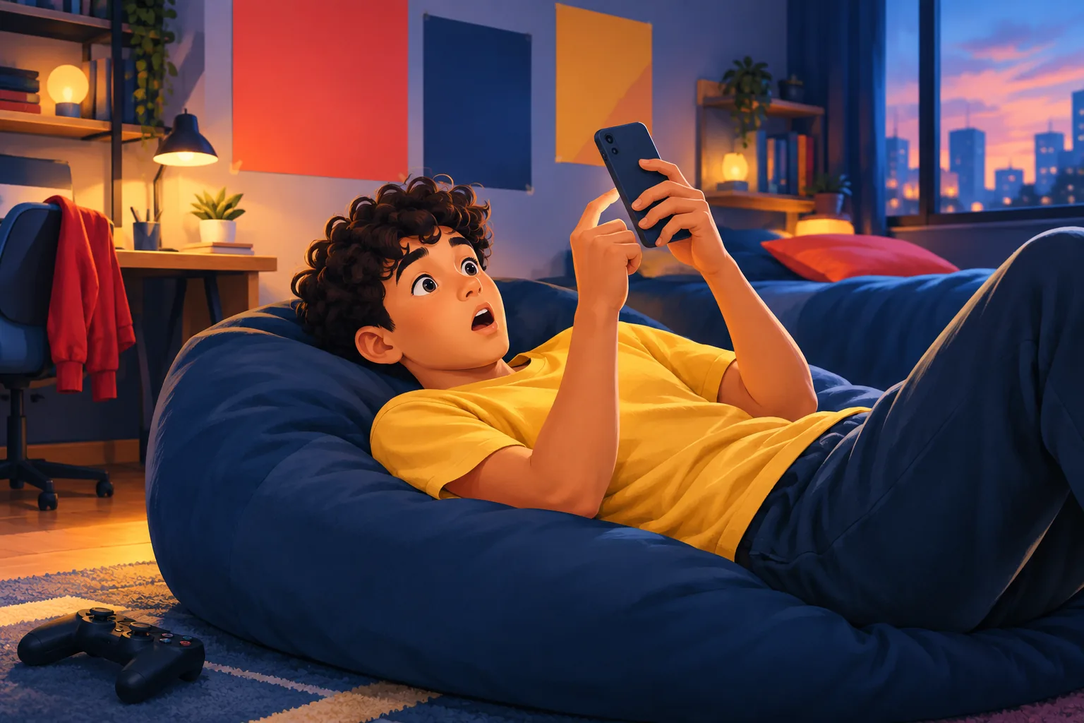 Teenage boy on a bean bag chair with an oops expression after tapping the wrong button on his phone
