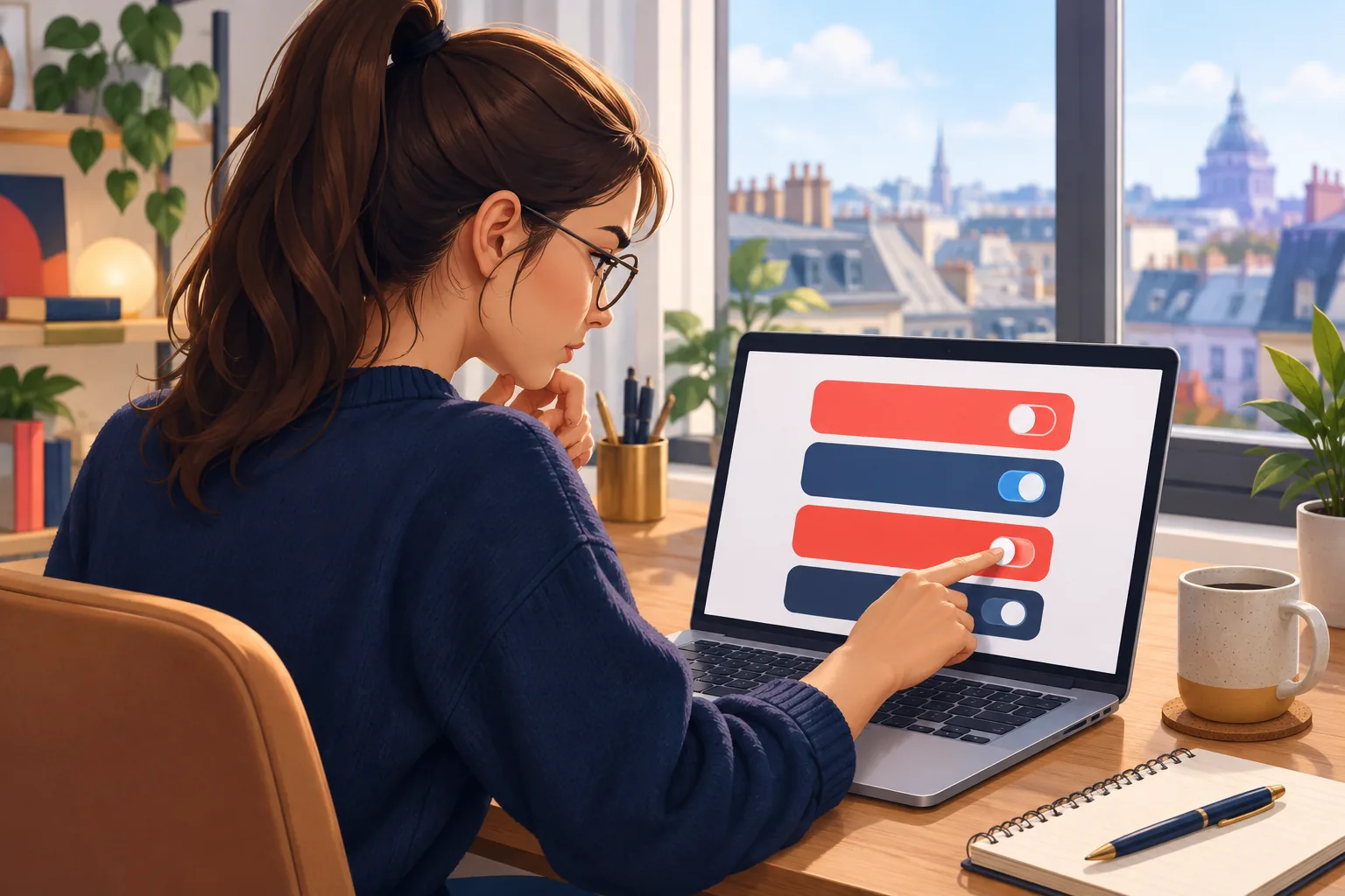 Young woman at her home office desk carefully checking her browser add-ons on a laptop