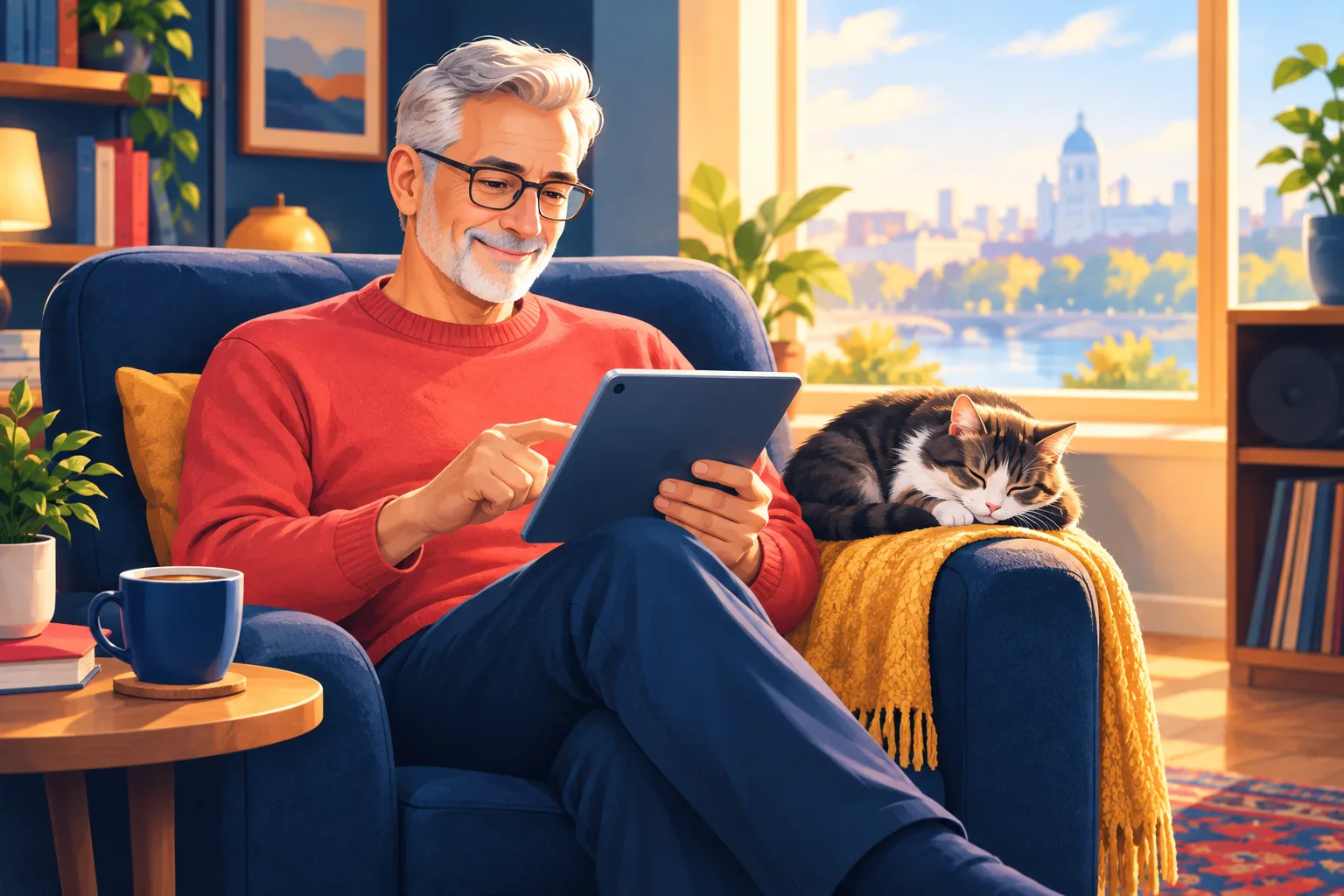 Older man in an armchair smiling as he follows his favorite channel again on a tablet