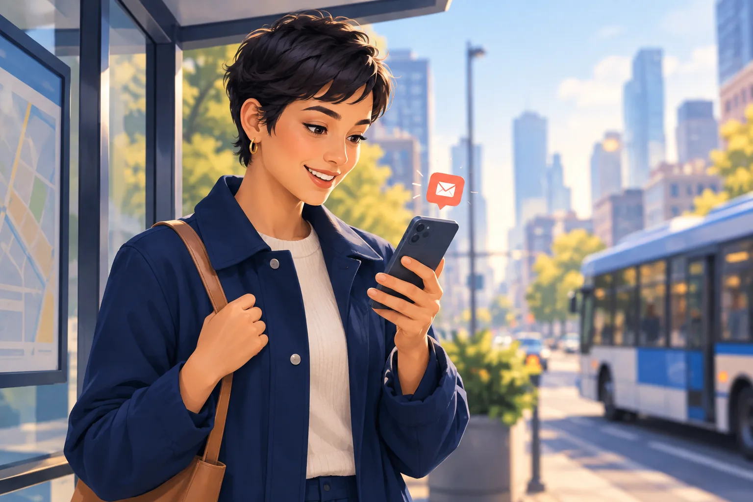 Young woman at a city bus stop smiling as a new upload email arrives on her phone