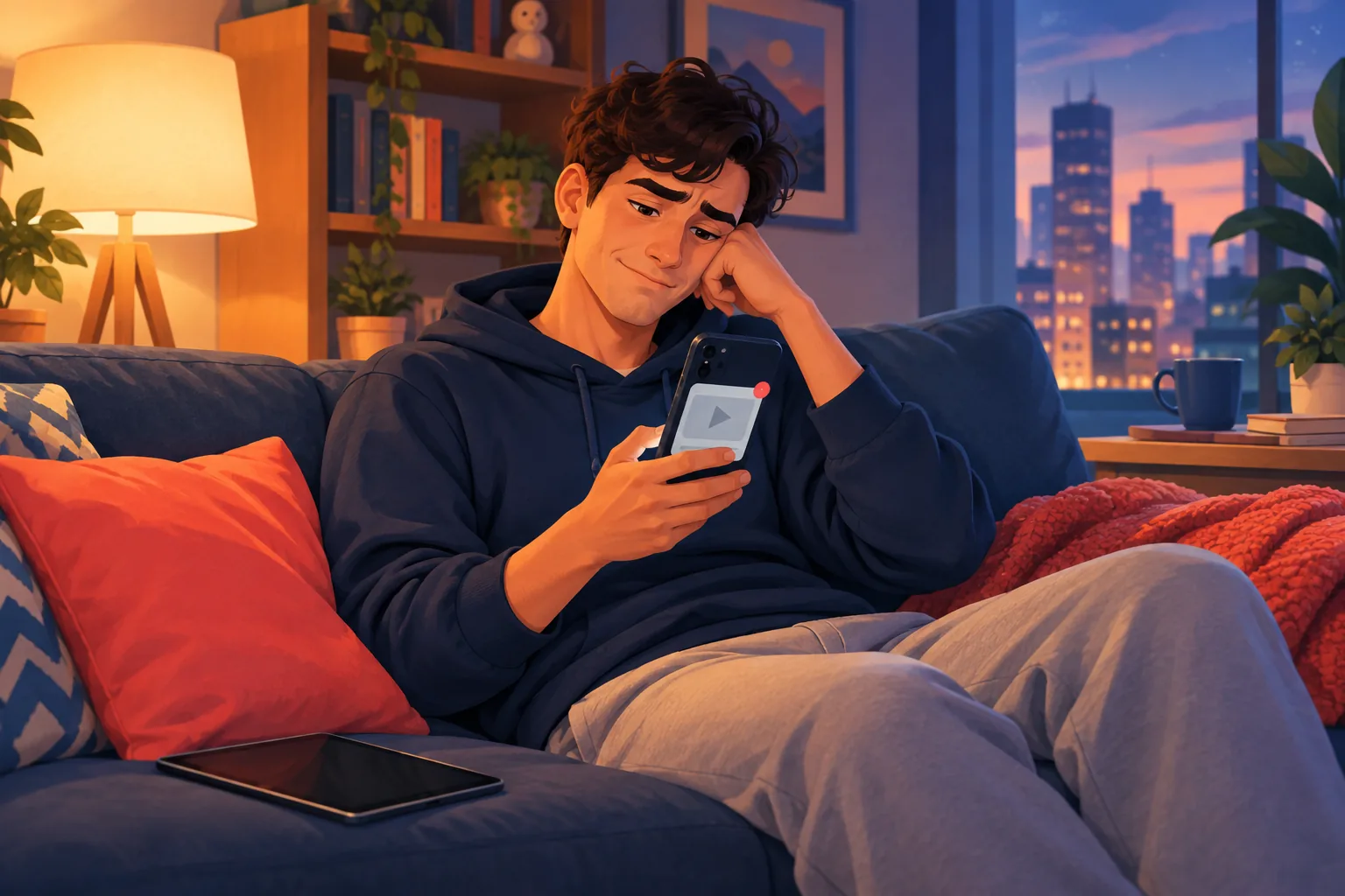 Viewer on a couch at night realizing his favorite channel uploaded hours ago with no alert