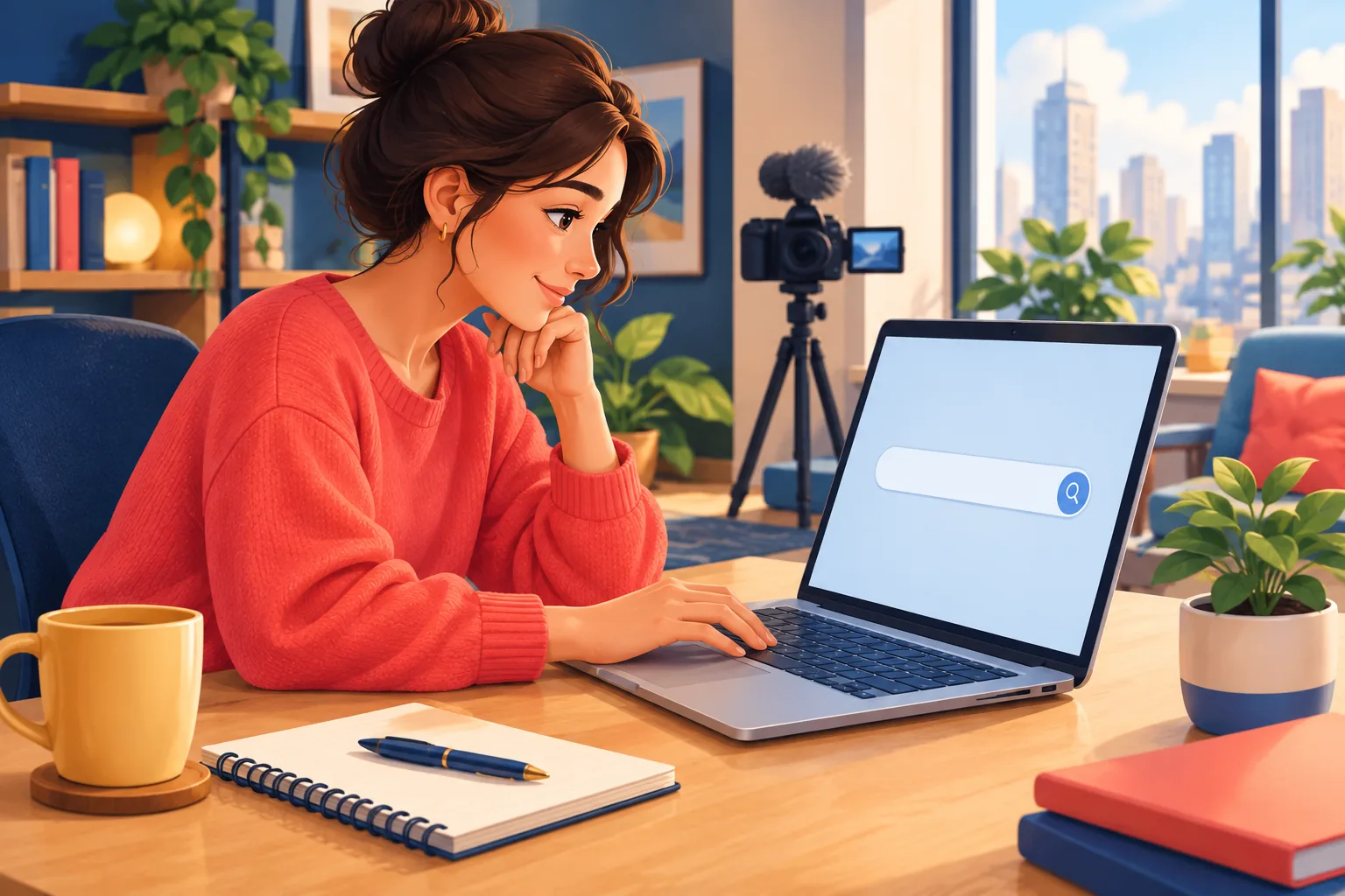 Focused viewer at a desk typing a channel name into a clean search box on her laptop