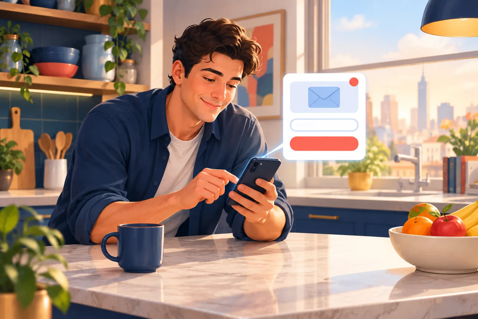 Viewer at a kitchen counter calmly entering his email on a channel alert page
