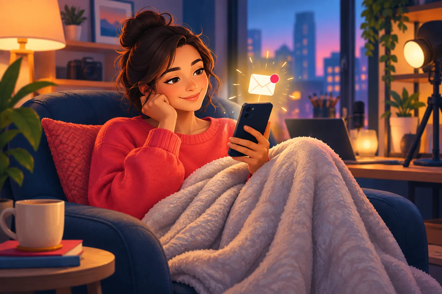 Viewer in an armchair smiling as a single new-video email alert arrives on her phone