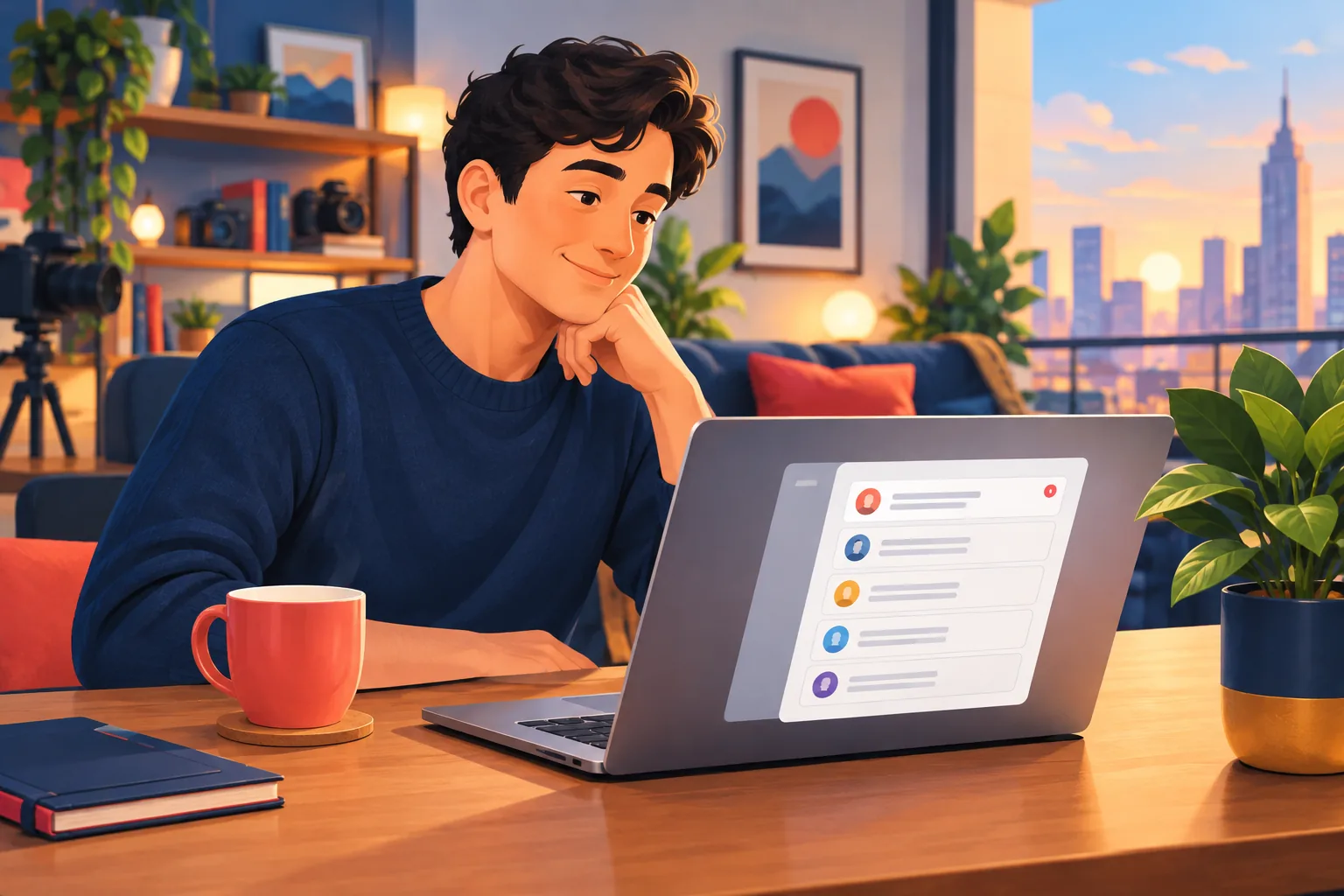 Viewer at a desk calmly reviewing a tidy list of channels he follows by email in one inbox