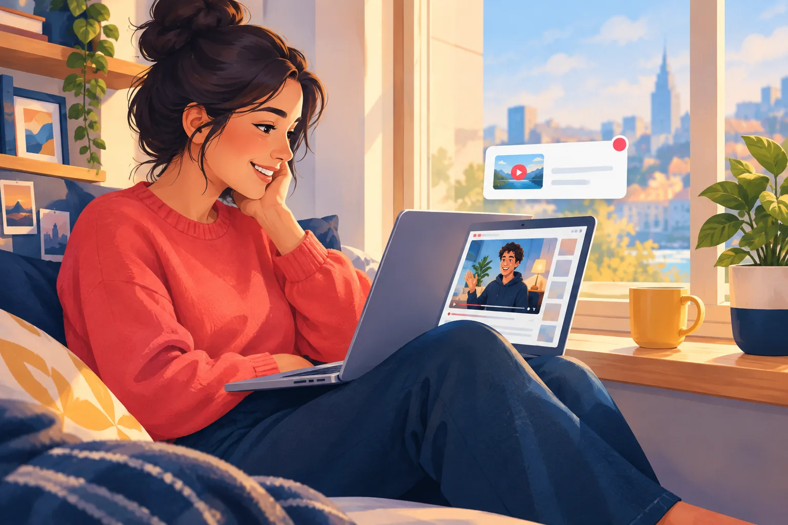 Viewer by a sunny window watching a brand-new upload she heard about right on time