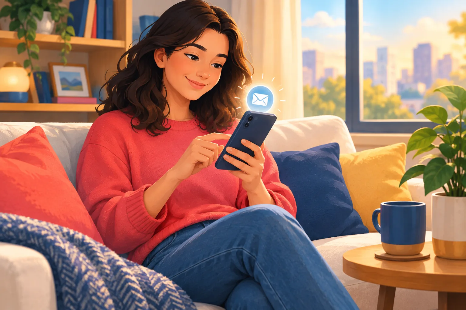 Relaxed viewer on a sofa setting up a YouTube upload email alert on her phone in seconds