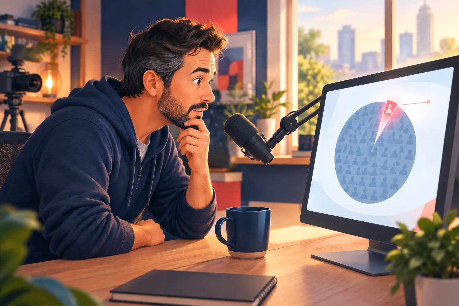 Male creator leaning toward his monitor with a dawning realization as he studies his subscriber list where only a small slice is highlighted