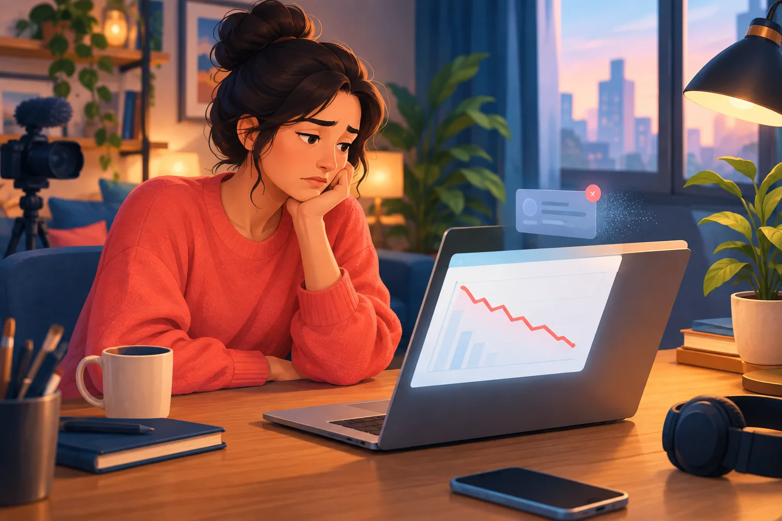 Woman creator at her desk watching a falling notification-reach number with a concerned expression, a single dimmed alert card fading beside her laptop