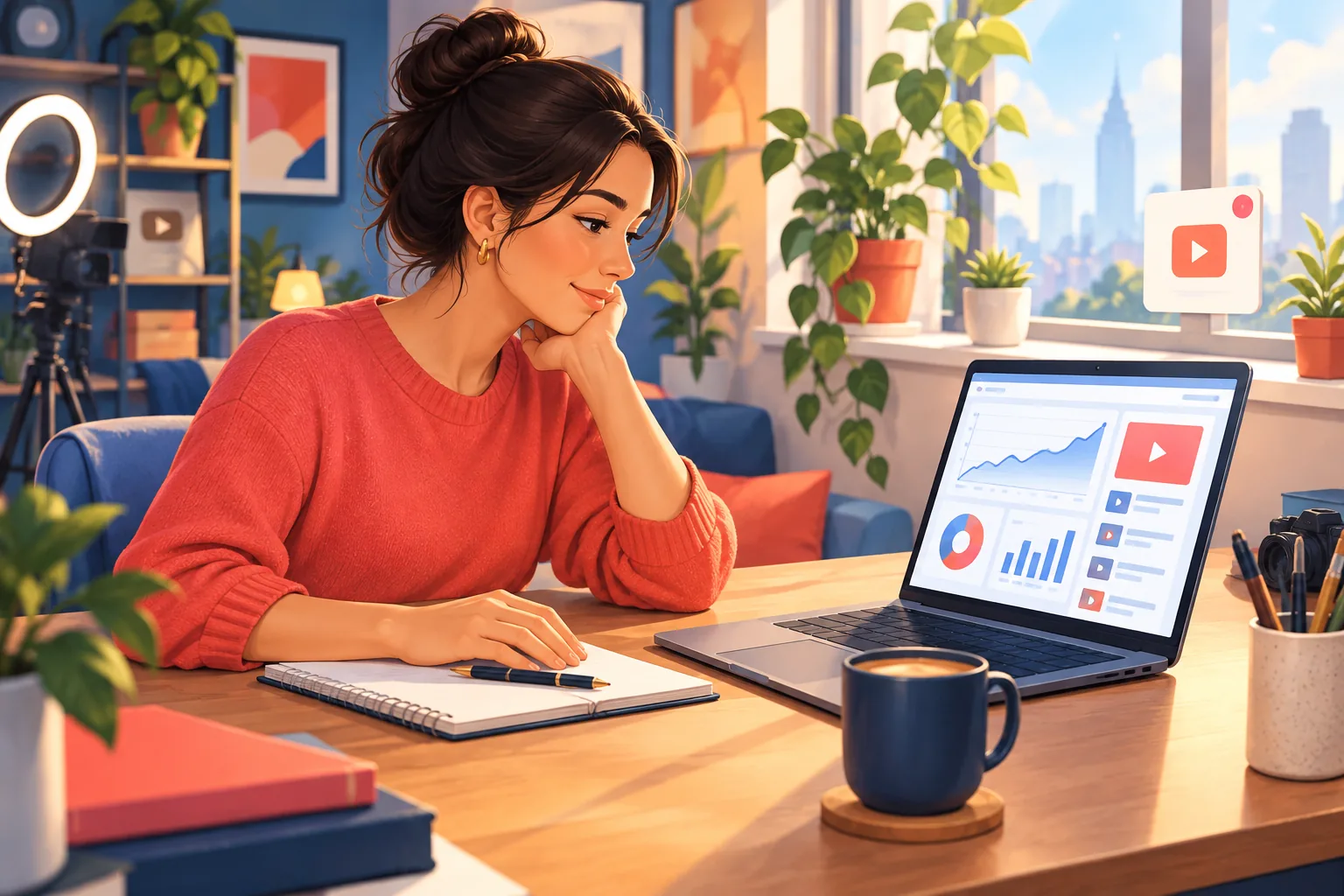 Creator calmly reviewing her analytics on a laptop at a sunlit desk, understanding the numbers now, a settled expression