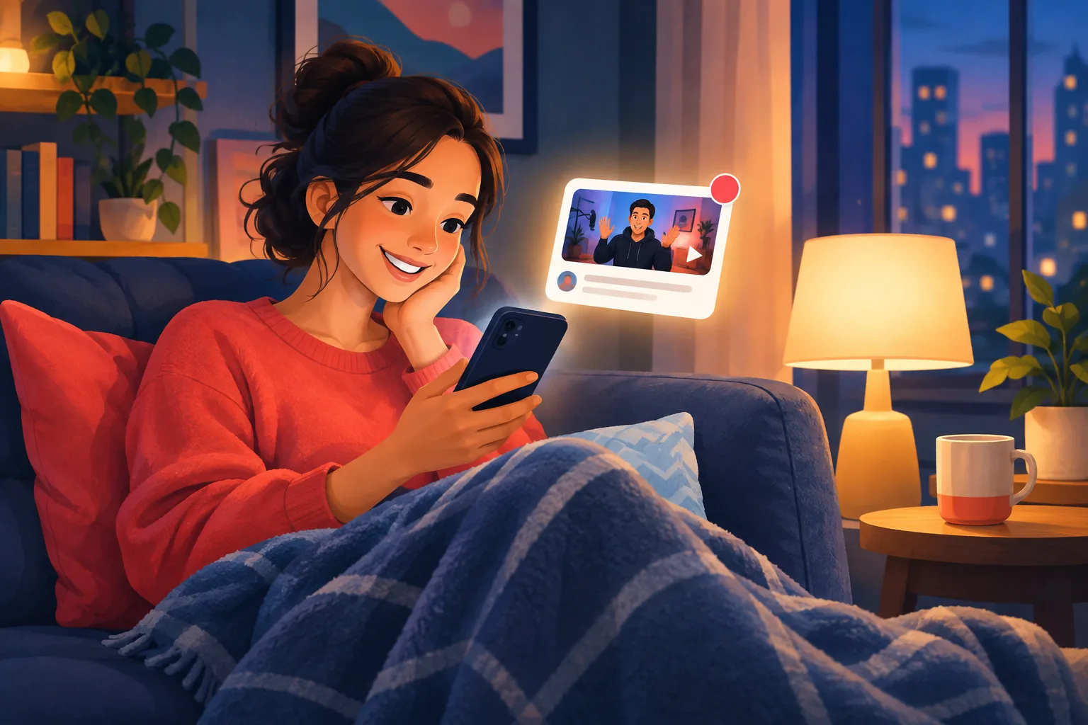 Happy fan on her couch reading a new-video email alert from a creator she follows, a soft alert card glowing beside her phone