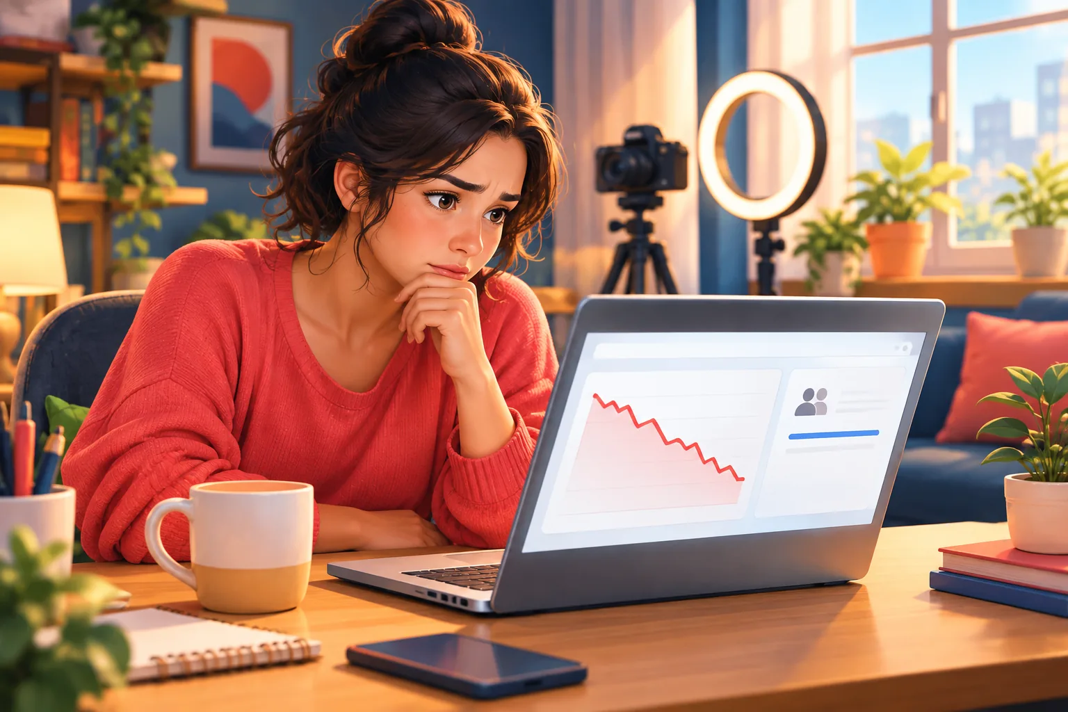 YouTube creator studying a falling views graph in YouTube Studio while her subscriber count stays flat, confused
