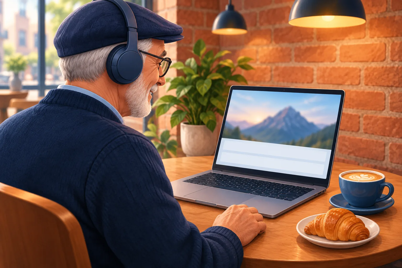 Older man at a cafe table with headphones on, enjoying a video on his laptop with a cup of coffee