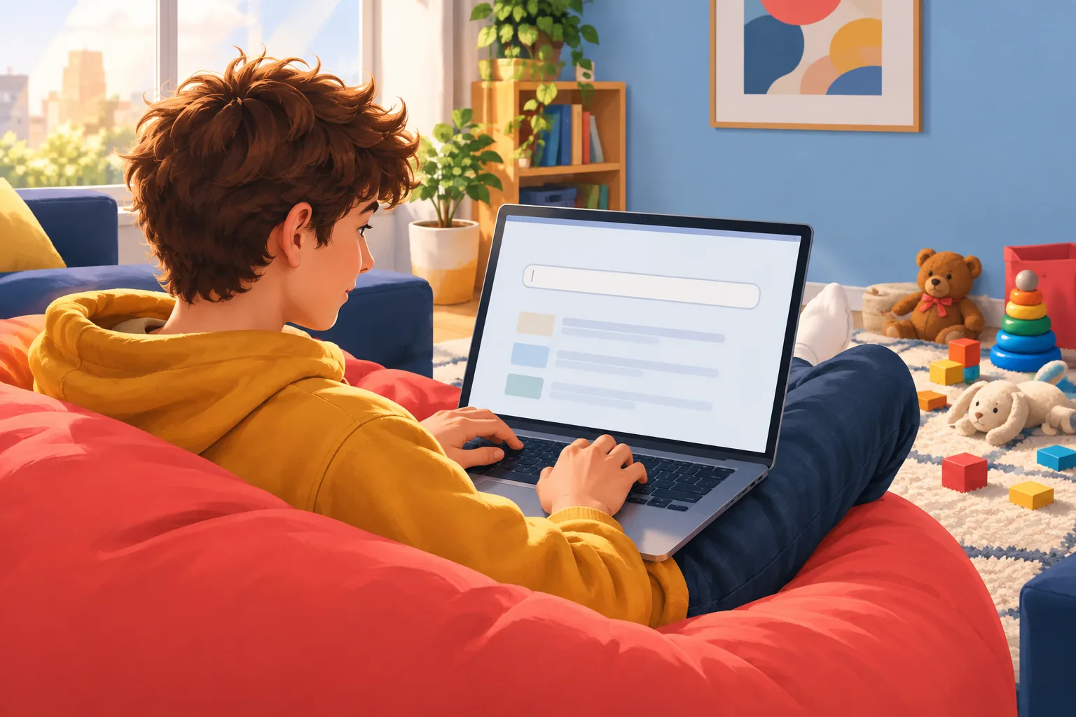 Teenage boy on a beanbag in a bright living room searching for videos on a shared family laptop