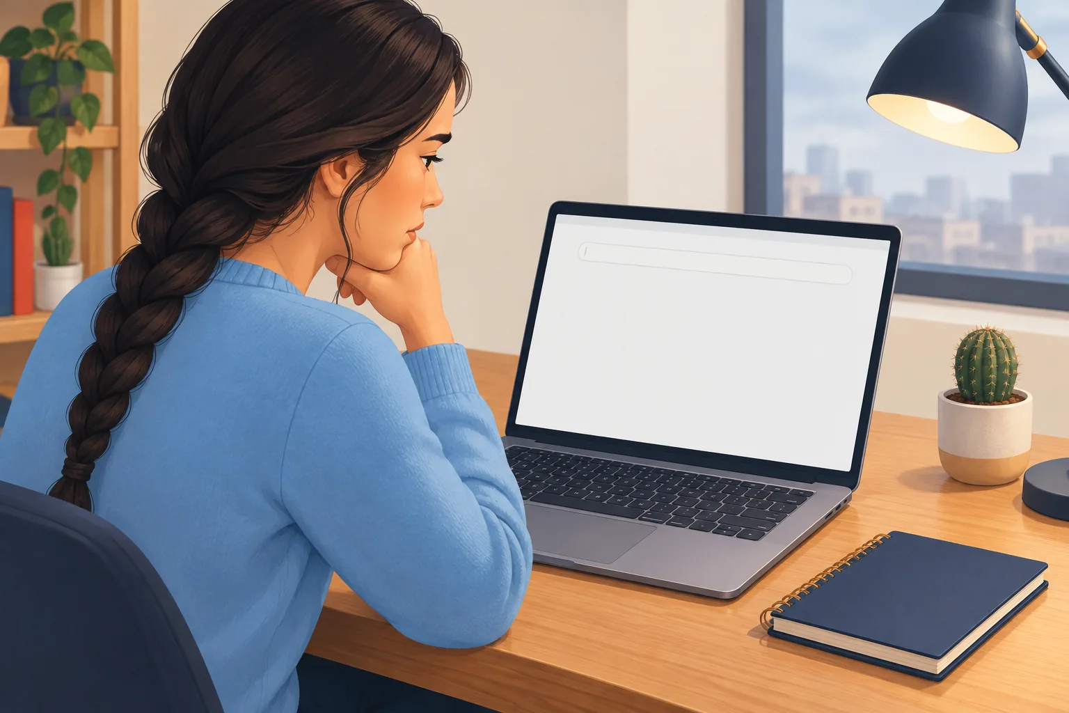 Young woman at a desk frowning slightly at a nearly empty home page on her laptop, seen over her shoulder