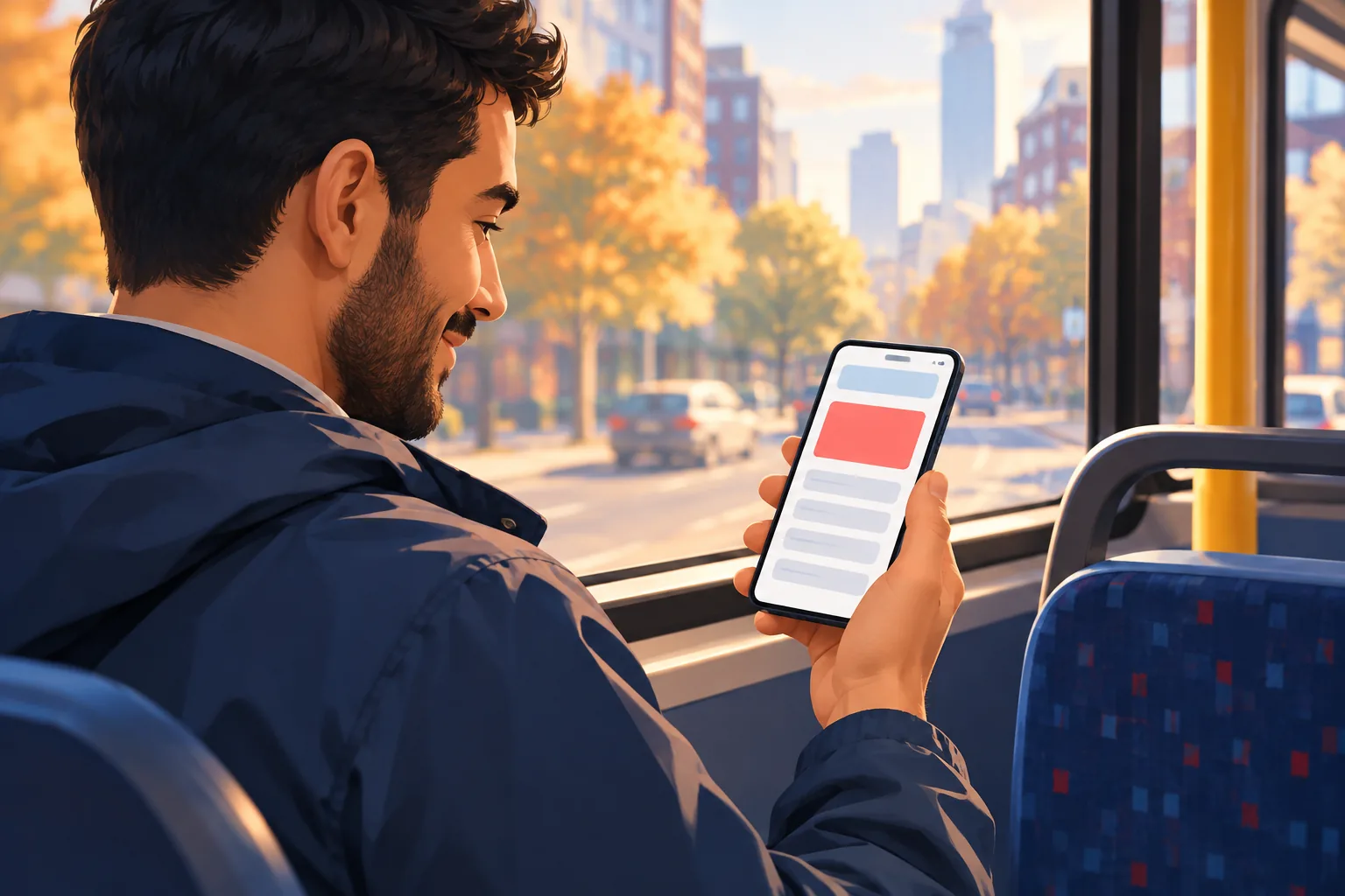 Man on a city bus smiling at a new-upload email on his phone, seen over his shoulder