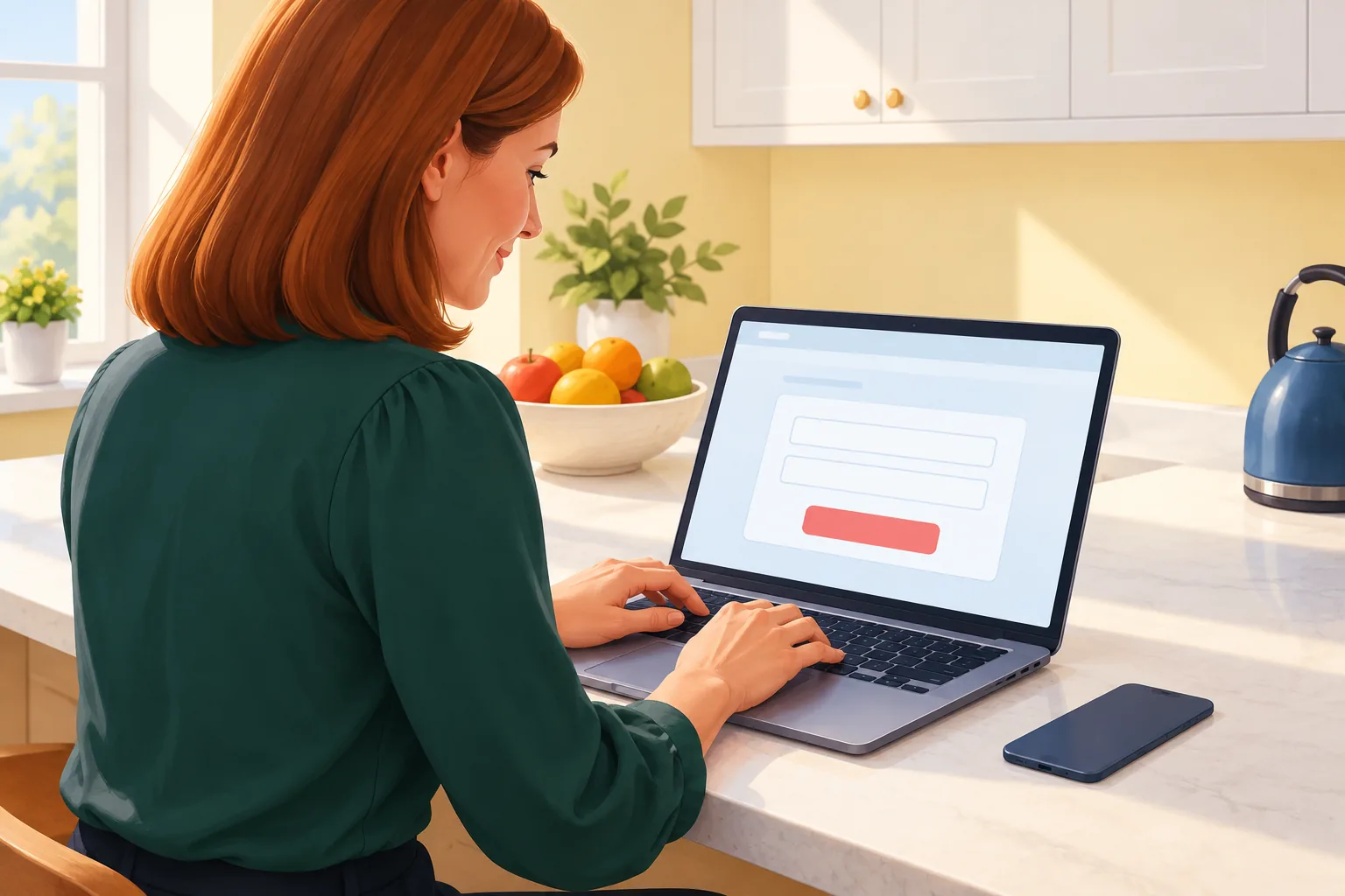 Woman at a kitchen counter typing her own email address into a sign-up form on her laptop, phone beside her