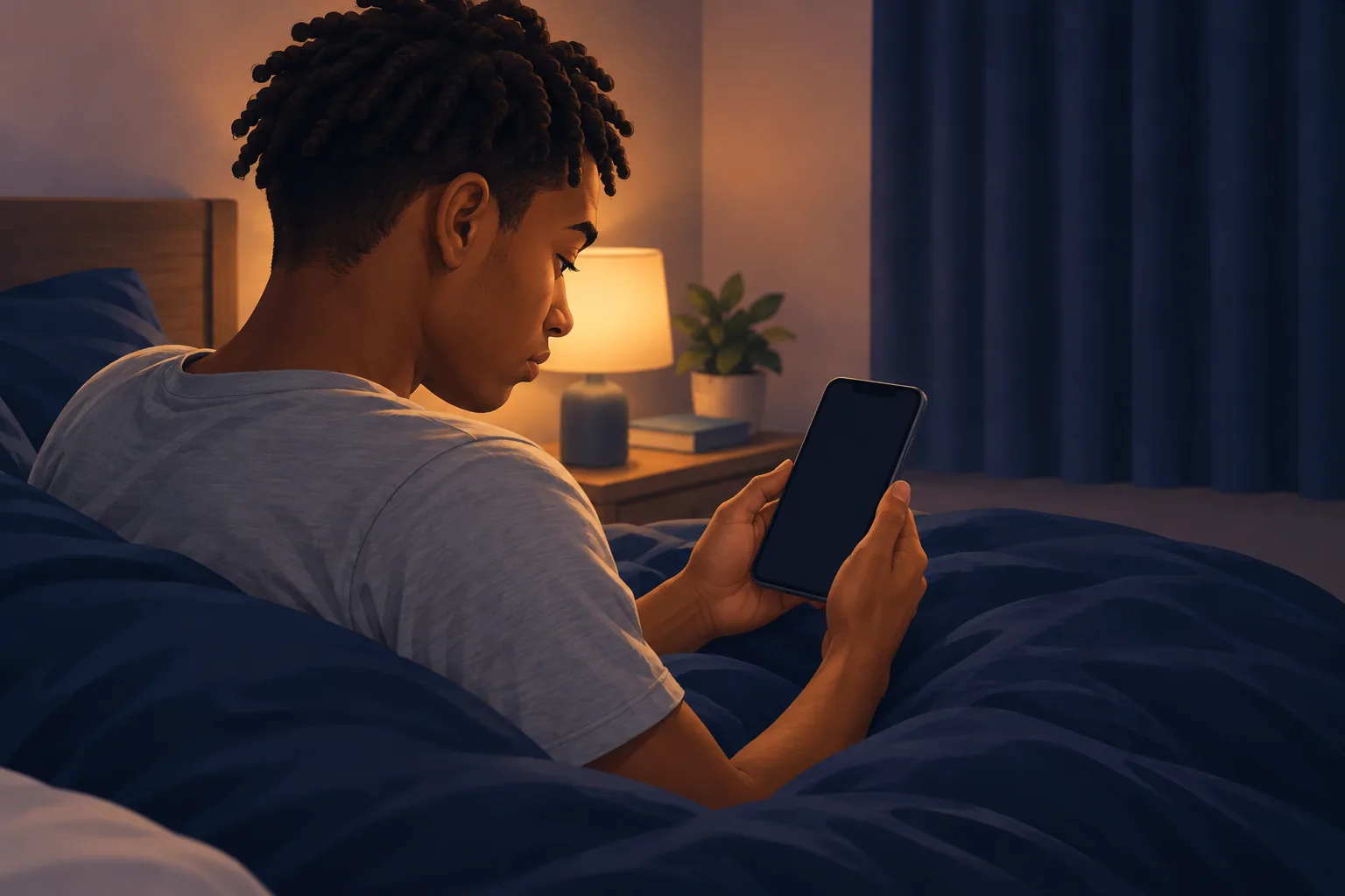 Young man in bed at night looking disappointed at a quiet phone, with no alert for the video he was waiting for