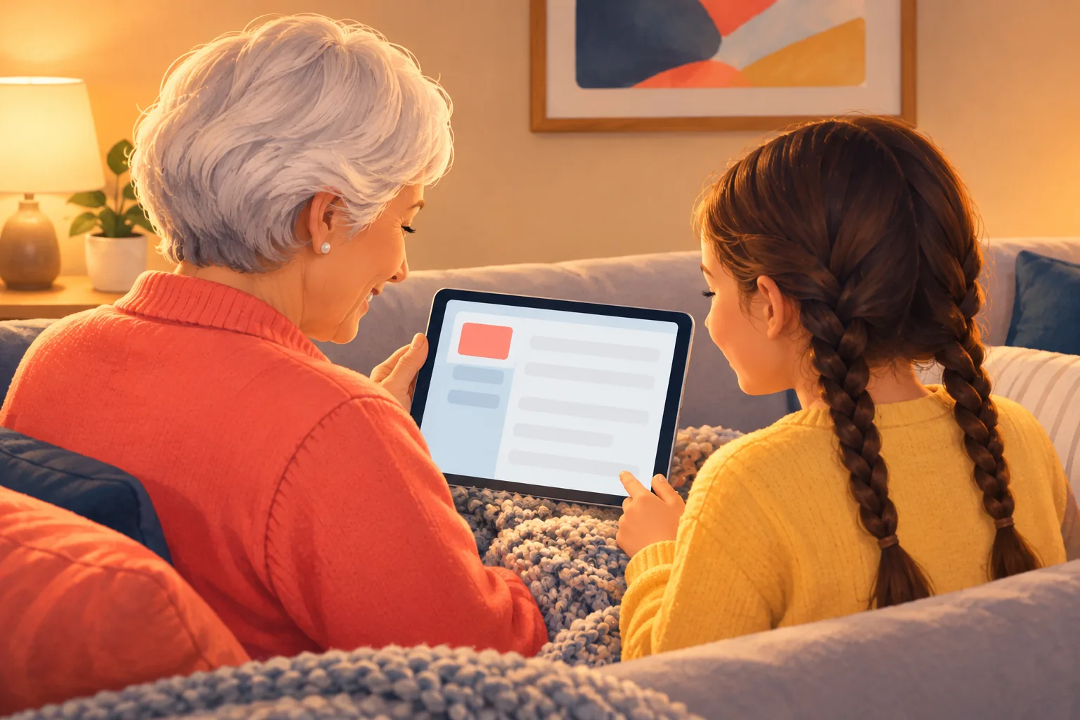 Grandmother and granddaughter on a sofa smiling together at a new video email on a tablet