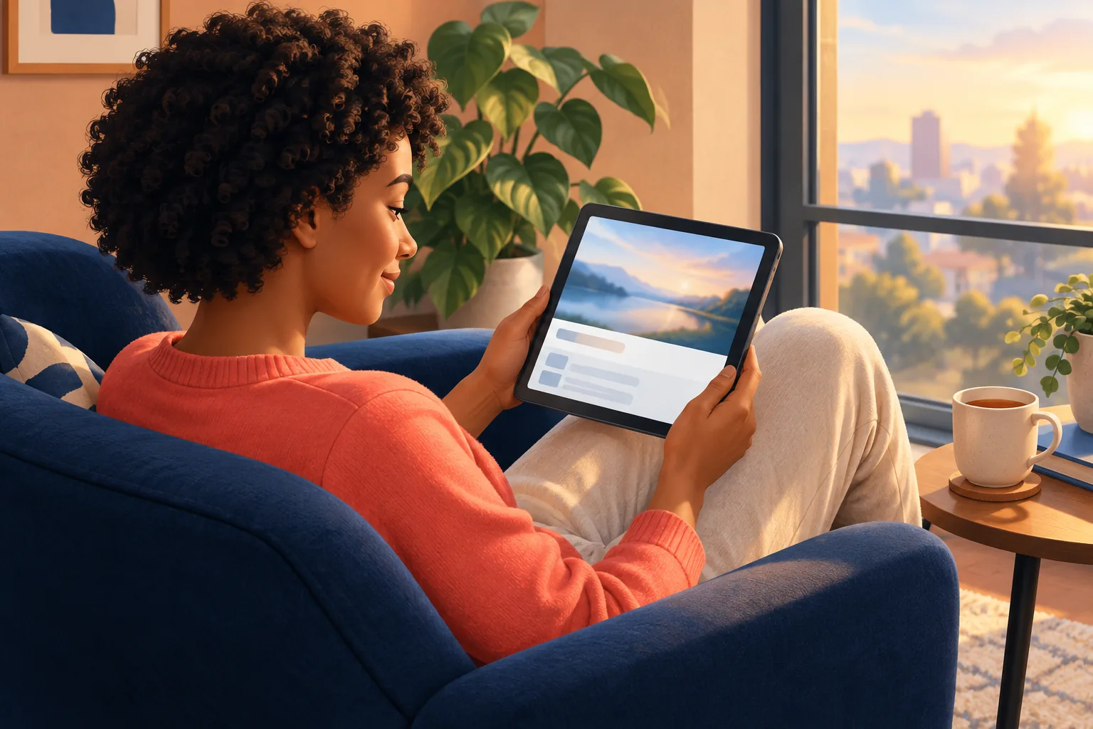 Woman relaxing in an armchair by a window, watching a video on her tablet with no sign-in, calm and unbothered